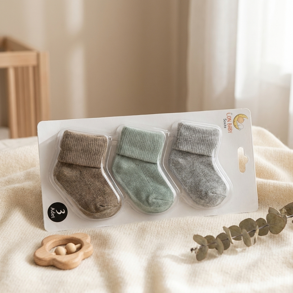 Packaged 3-pack baby socks in Brown, muted Green and Grey, each with a folded ribbed cuff, displayed on a cream nursery blanket.