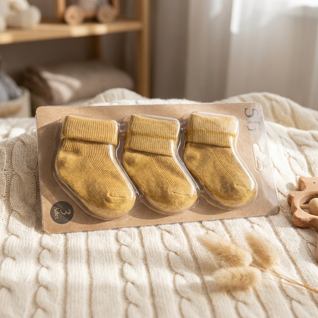 Packaged set of three solid Yellow baby socks with folded ribbed cuffs, styled on a textured cream knit blanket.