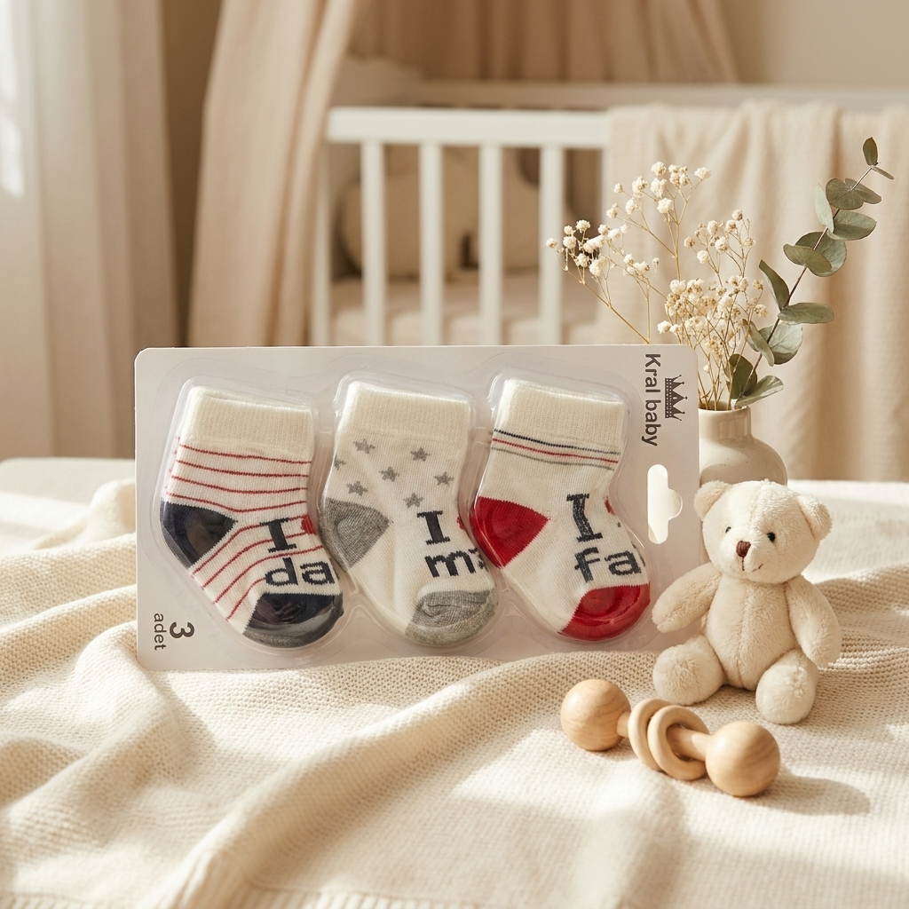 Kral baby packaged 3-pack White socks featuring striped, star-print and Red-and-Grey colour-block designs in a nursery setting.