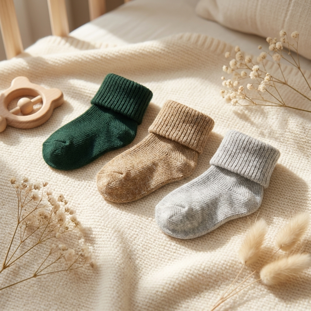 Unpackaged three-piece baby sock set arranged on a cream blanket, showing Dark Green, Brown and light Grey ribbed-cuff socks.