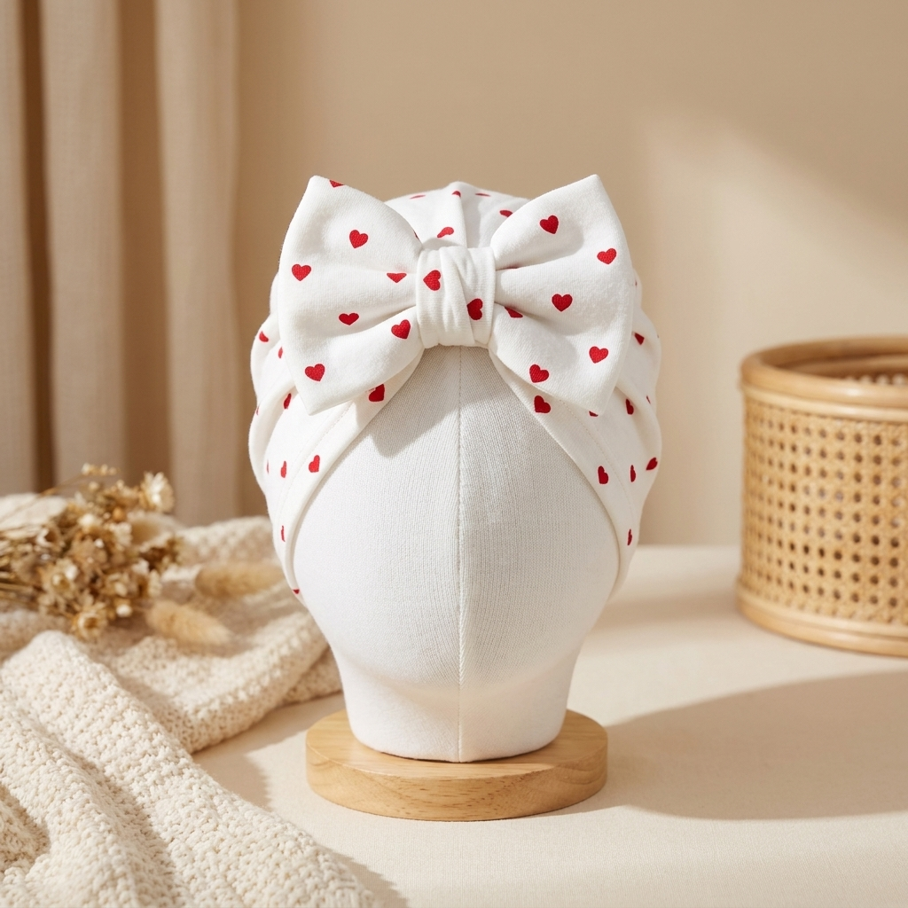 White baby turban cap on a mannequin display, detailed with Red heart print and a large matching front bow.