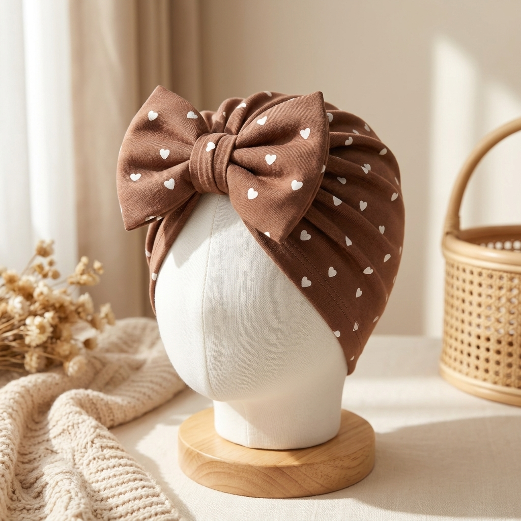 Brown baby heart print turban cap shown on a mannequin head, with White hearts, gathered crown folds and a large bow.