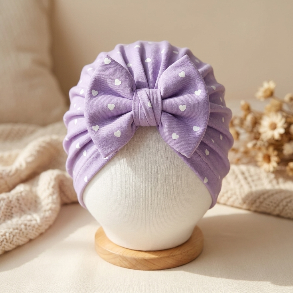 Purple baby heart print turban cap on a mannequin display, with gathered side folds and a matching oversized front bow.