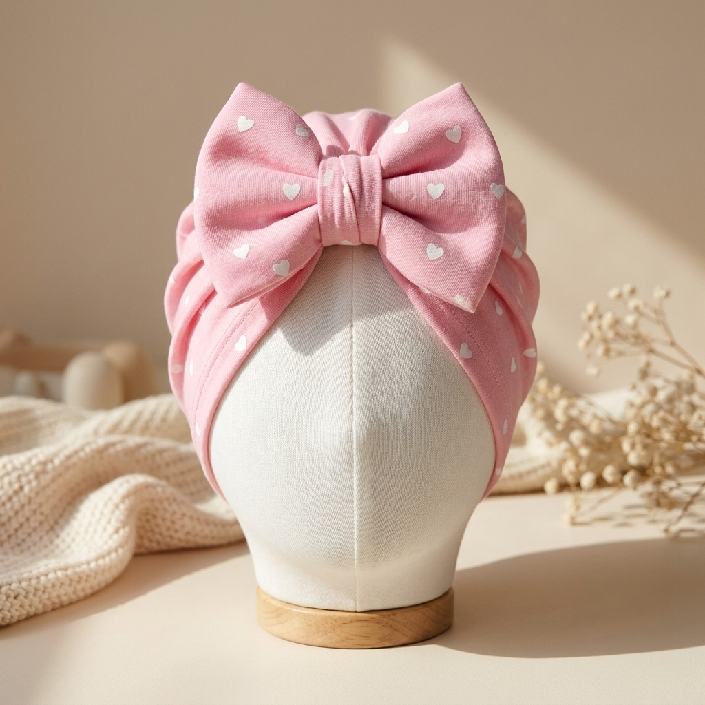 Pink baby turban cap presented on a display head, finished with small White hearts and a large matching bow at the front.
