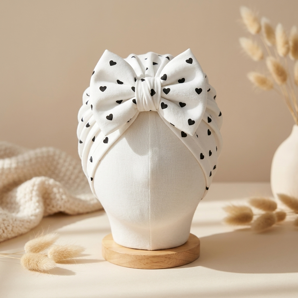 White baby heart print turban cap on a mannequin head, featuring Black heart motifs, gathered folds and a large front bow.
