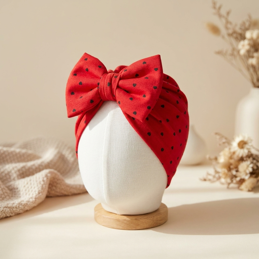 Red baby turban cap displayed in a side-front view, with tiny Black heart print and a matching bow detail.