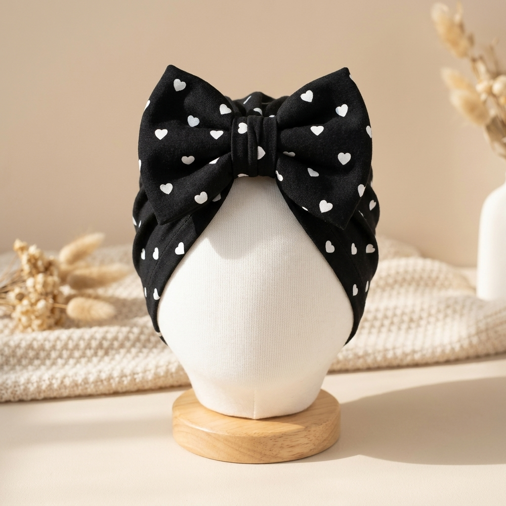 Black baby turban cap displayed on a mannequin head, featuring a large front bow and scattered White heart print.