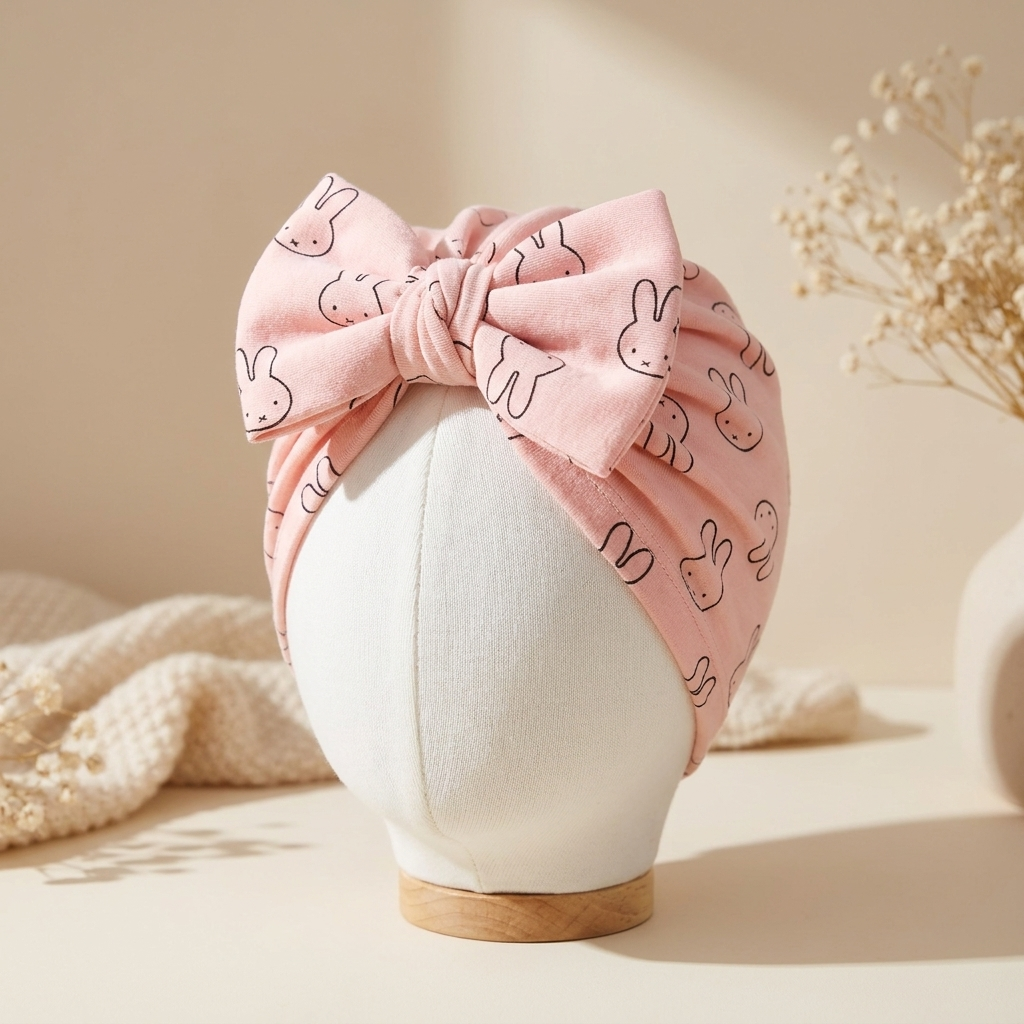 Pink baby turban cap on a mannequin head with a large knotted front bow and all-over outlined bunny print.