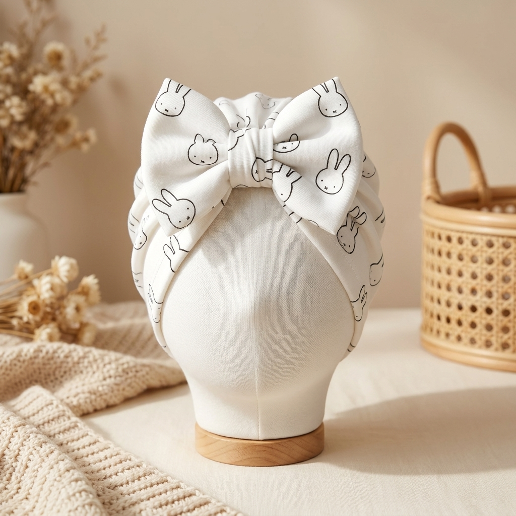 White baby turban cap displayed on a mannequin head, featuring an oversized front bow and fine black bunny-face print.