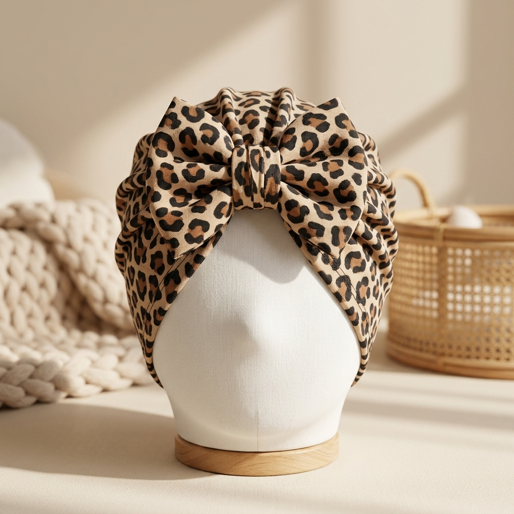 Brown leopard-print baby turban cap on a mannequin head, finished with a large matching front bow and gathered sides.