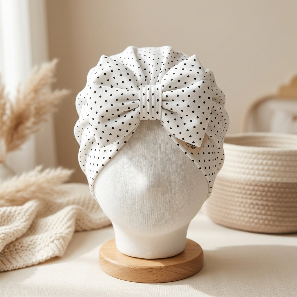 White baby turban cap displayed front-on with a gathered crown, oversized bow and small black polka-dot print.