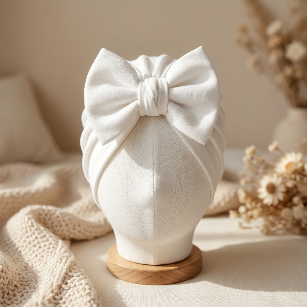 White baby turban cap displayed on a mannequin head, with a softly gathered crown and oversized white fabric bow.
