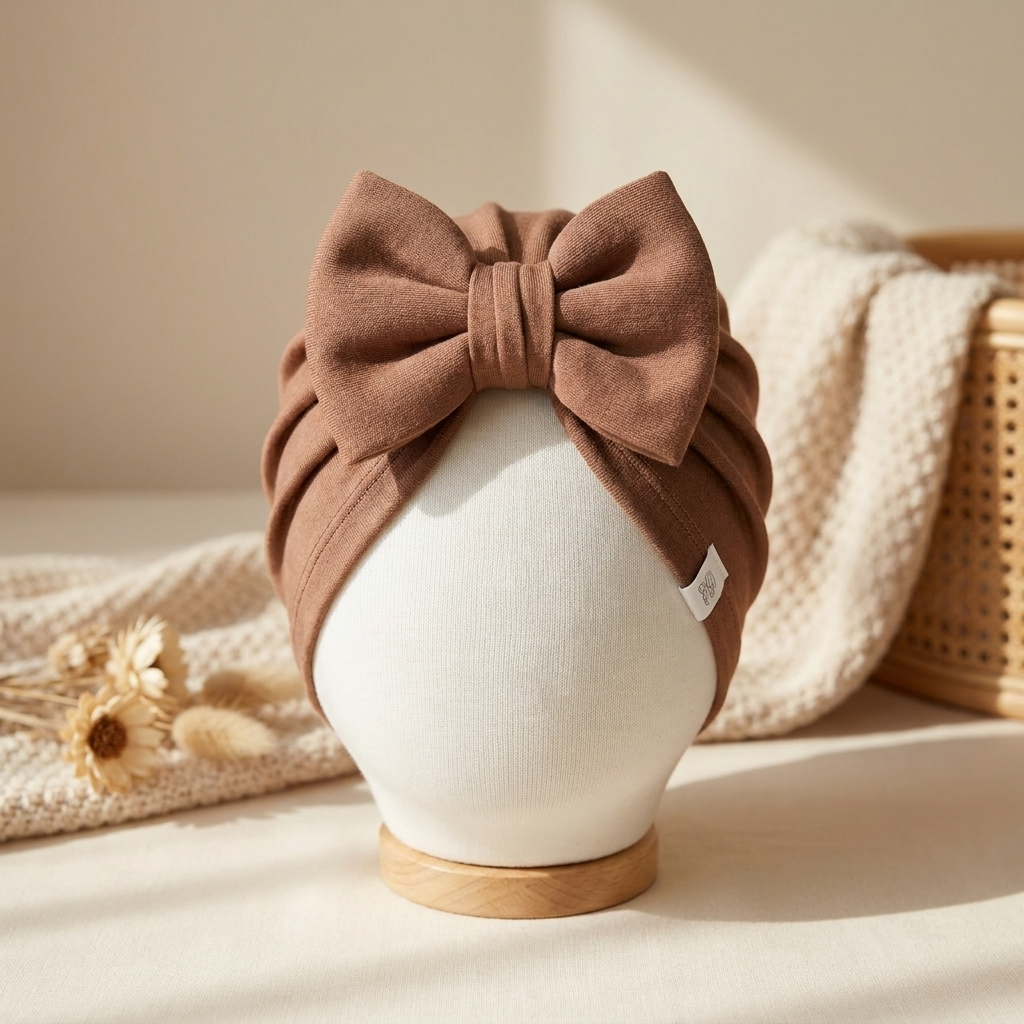 Brown baby turban cap displayed on a mannequin head, featuring gathered side folds and a large matching brown bow at the front.