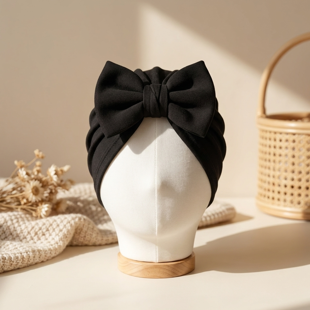 Black baby turban cap displayed on a mannequin head, featuring layered front gathering and a large black bow detail.