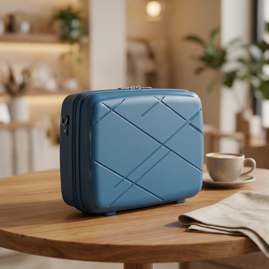 Blue compact hard-shell suitcase in a tabletop presentation, featuring a zip-around closure, side attachment detail and embossed diagonal line pattern.