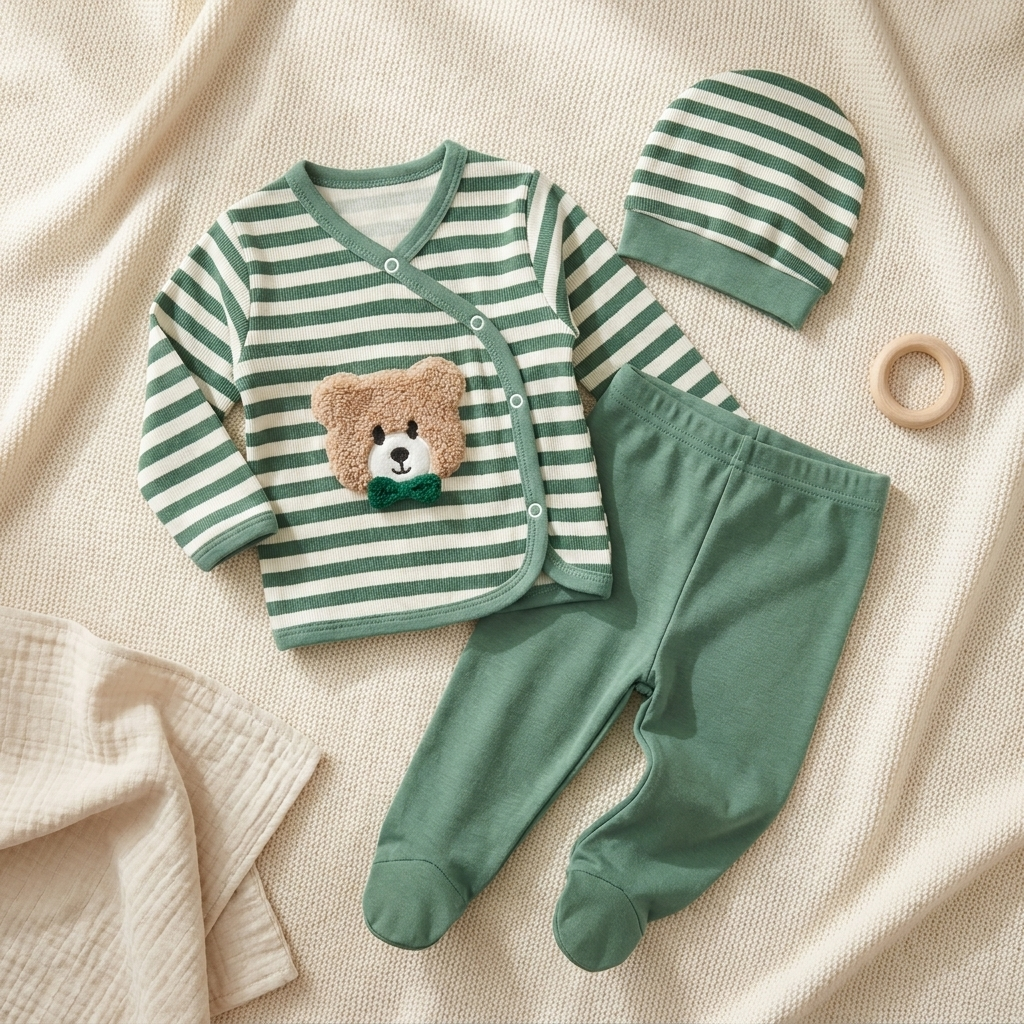 Green 3-piece baby outfit displayed on a textured neutral blanket, featuring a striped wrap shirt with teddy applique, cap and footed trousers.
