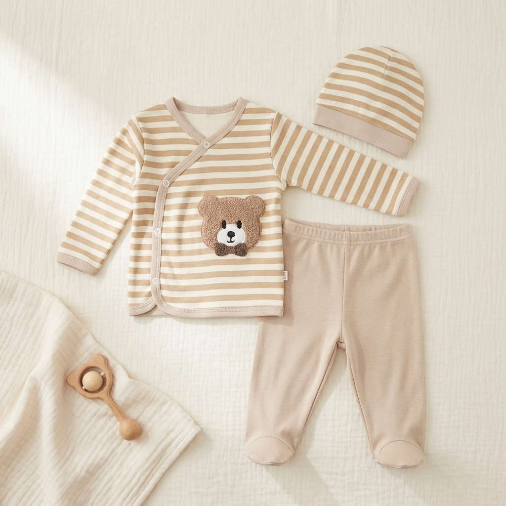 Beige 3-piece baby outfit flat lay with a striped wrap snap shirt, teddy bear chest applique, striped cap and matching footed trousers.