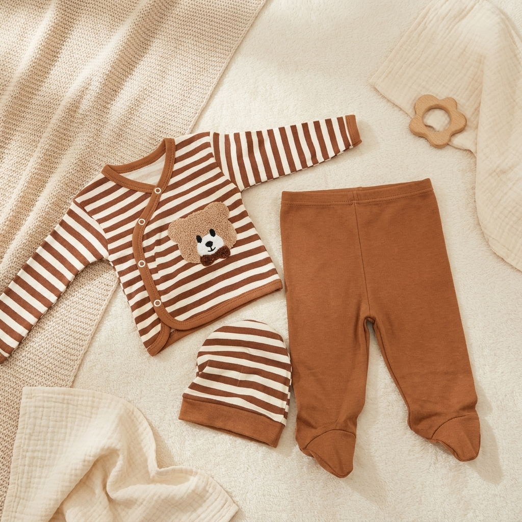 Baby Teddy Applique Cap, Wrap Shirt & Footed Trouser Set