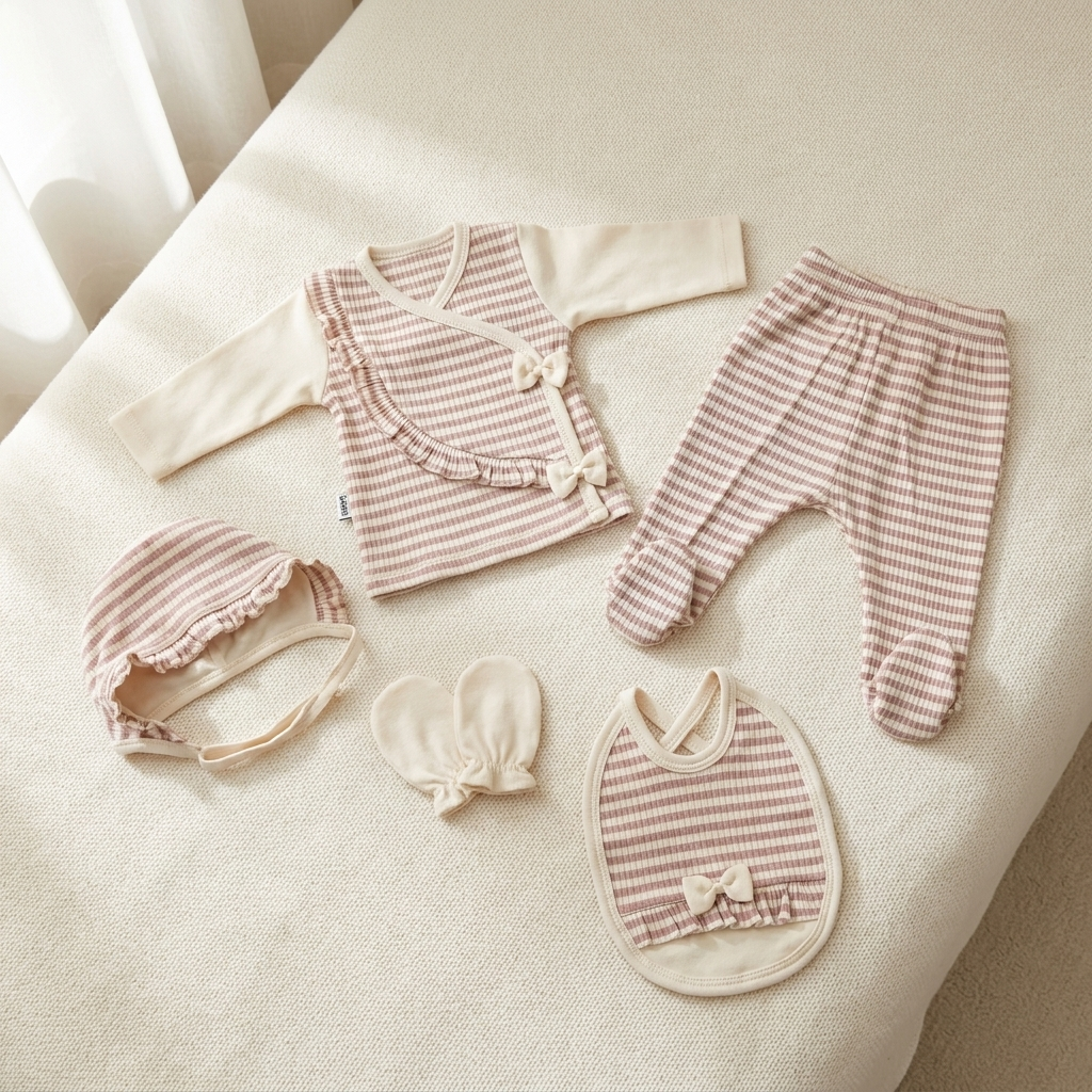 Pink and Cream striped newborn 5-piece starter set laid on a textured Cream surface, showing wrap shirt, footed trousers, ruffle cap, mittens and bow-detail bib.