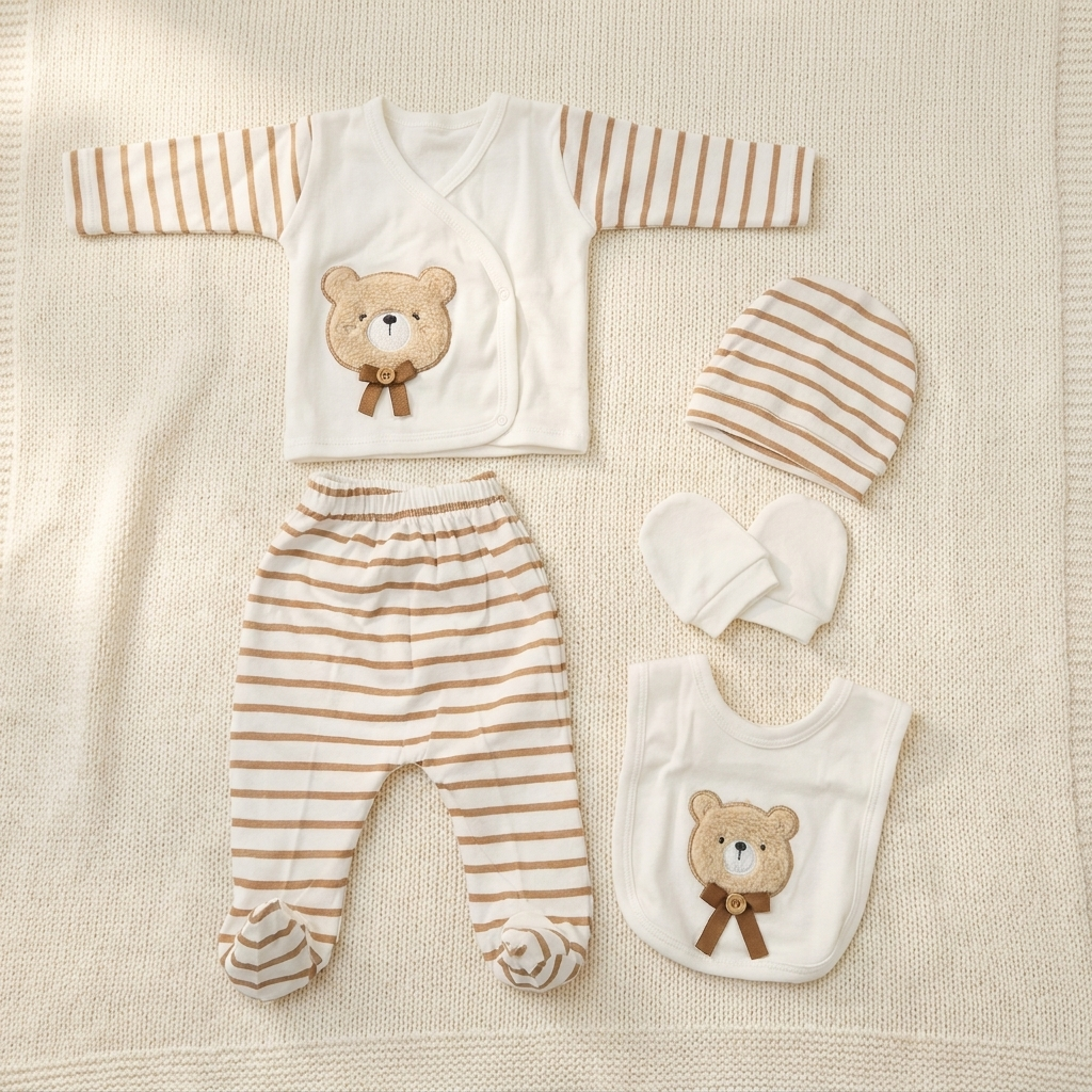 Brown stripe baby 5-piece starter set laid flat, showing a White teddy applique wrap shirt, footed trousers, striped cap, mittens and matching bib.