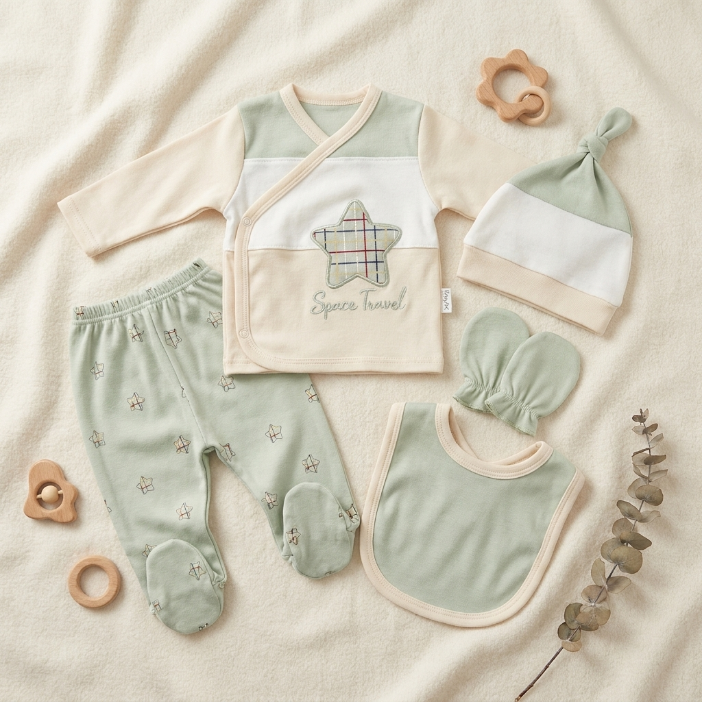 Mint Green Space Travel 5-piece baby starter set flat lay showing the wrap shirt, star-print footed trousers, knotted cap, mittens and matching bib.