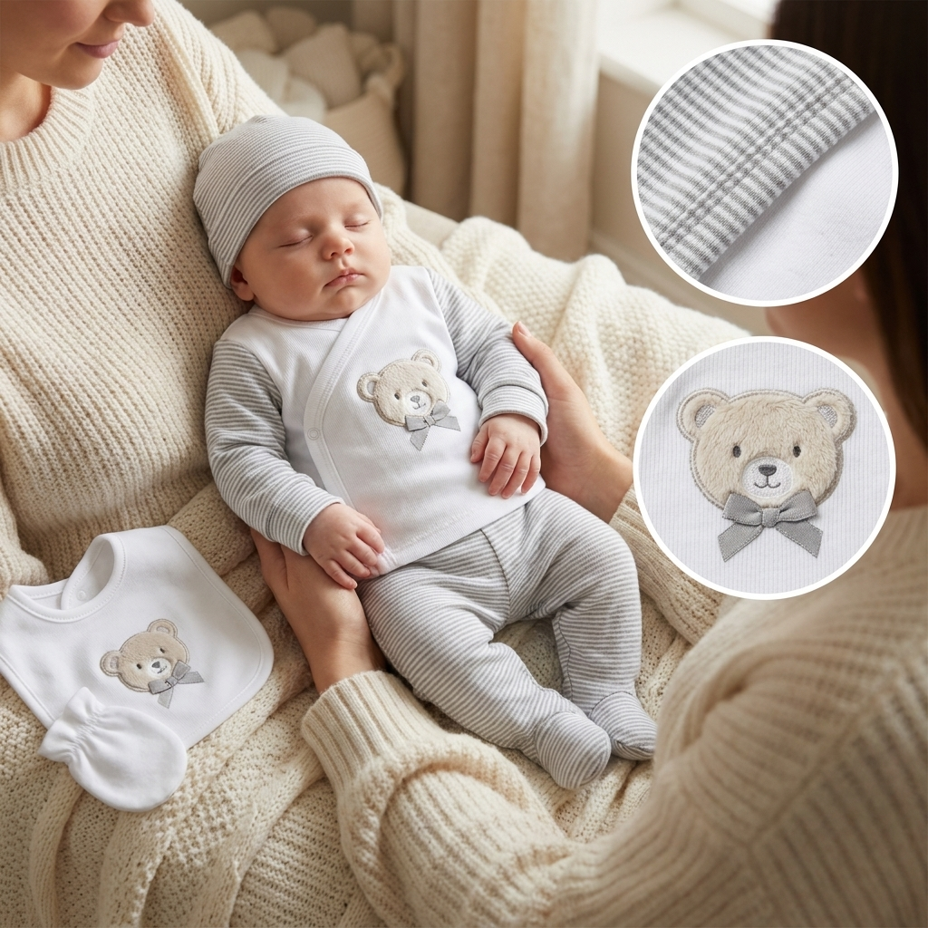 Baby Teddy Applique Wrap Shirt & Footed Trouser 5PC Starter Set