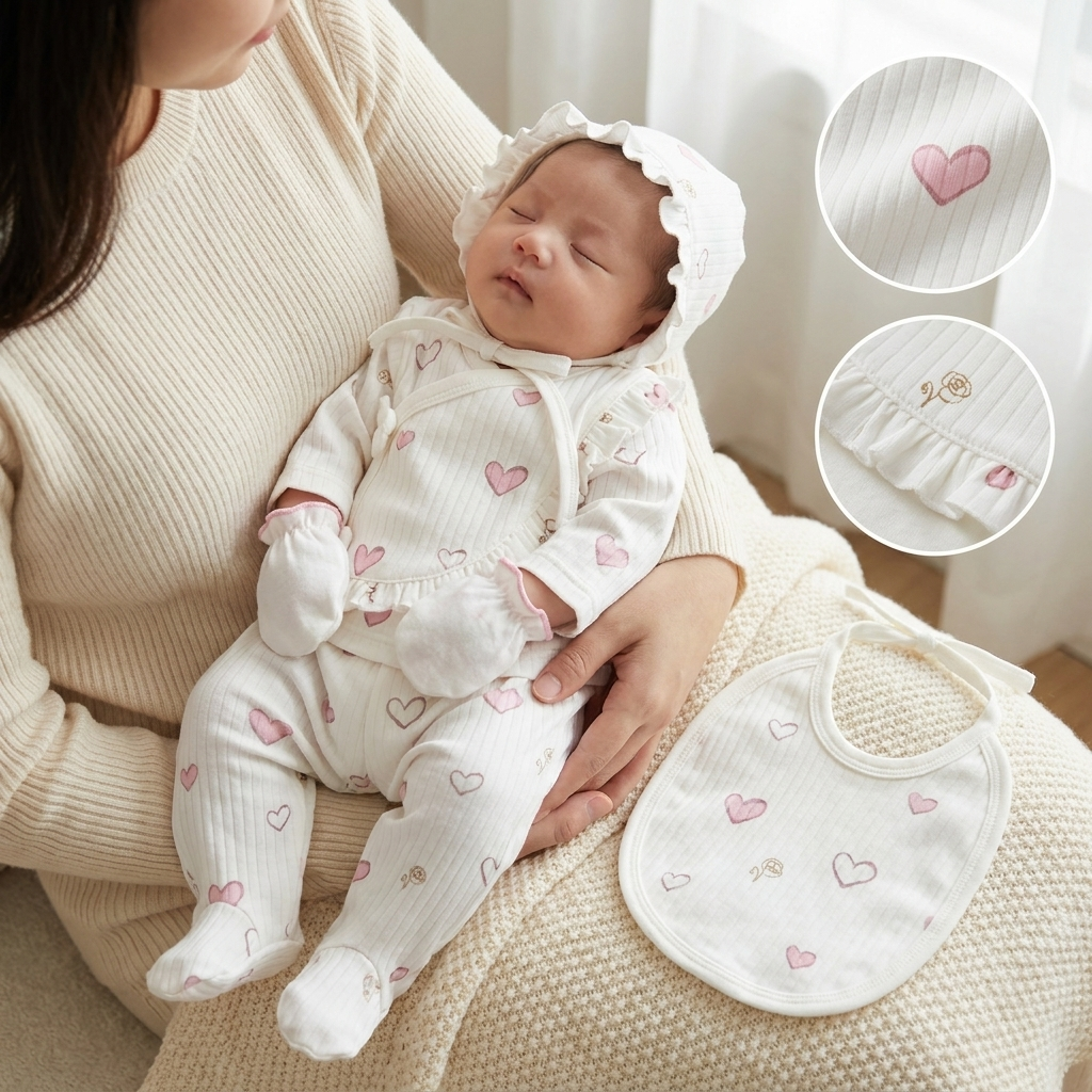 Baby Heart Print Wrap Shirt & Footed Trouser 5PC Starter Set