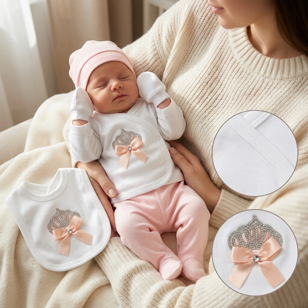White and soft Pink newborn 5-piece starter set shown on a sleeping baby, featuring a glittery crown applique shirt with Pink bow, footed trousers, cap, mittens and matching bib.