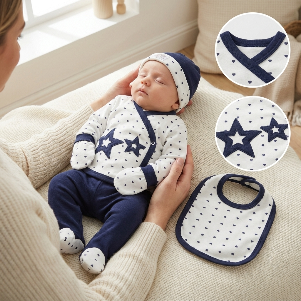 White and Navy newborn 5-piece starter set worn by a sleeping baby, showing the heart-print wrap shirt, Navy footed trousers, star appliques and matching bib.