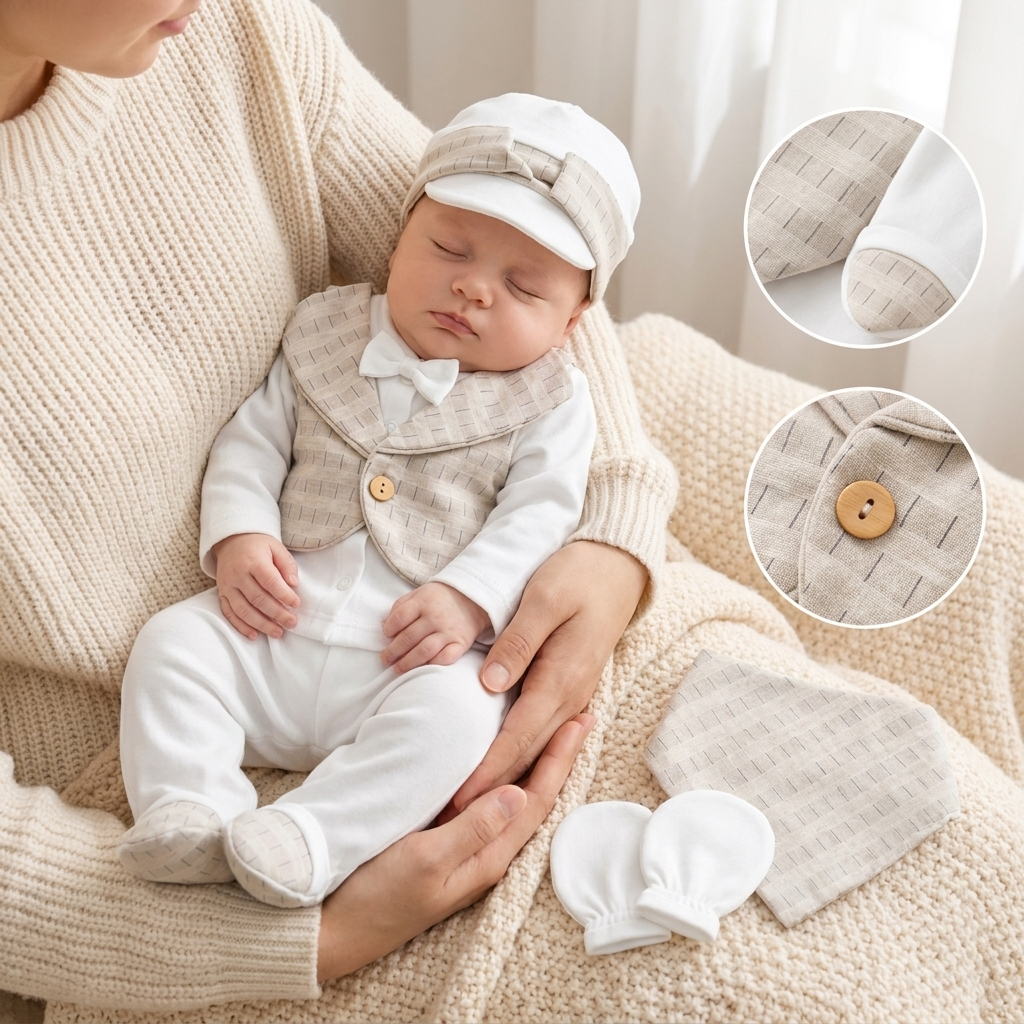 Sleeping baby wearing a White footed outfit with a Beige textured waistcoat-look front, bow neckline and matching brimmed cap, shown in an adult's arms with detail insets.