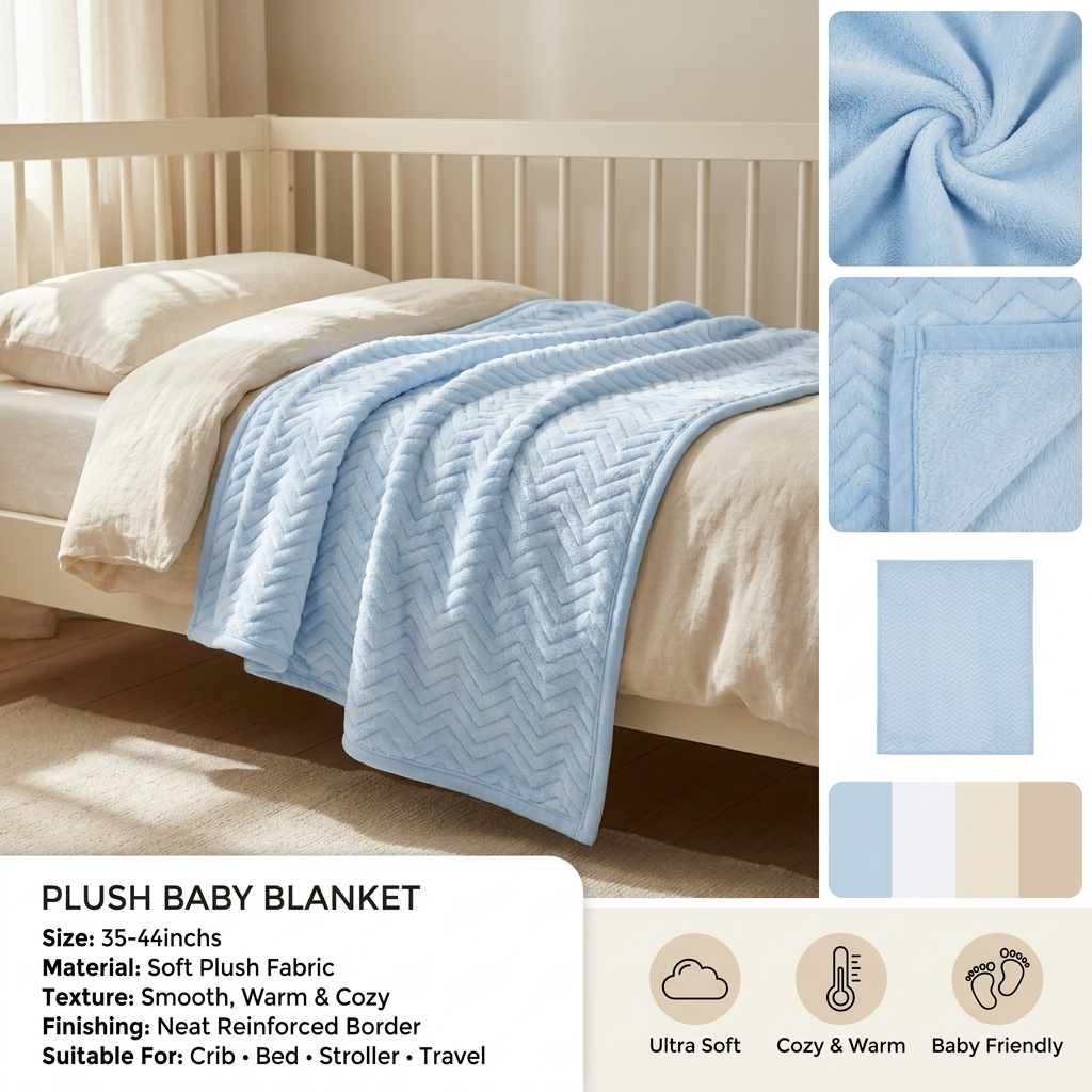 Light Blue plush baby blanket draped over a crib bed, with close-up panels showing the smooth plush fabric, chevron border and reverse side.