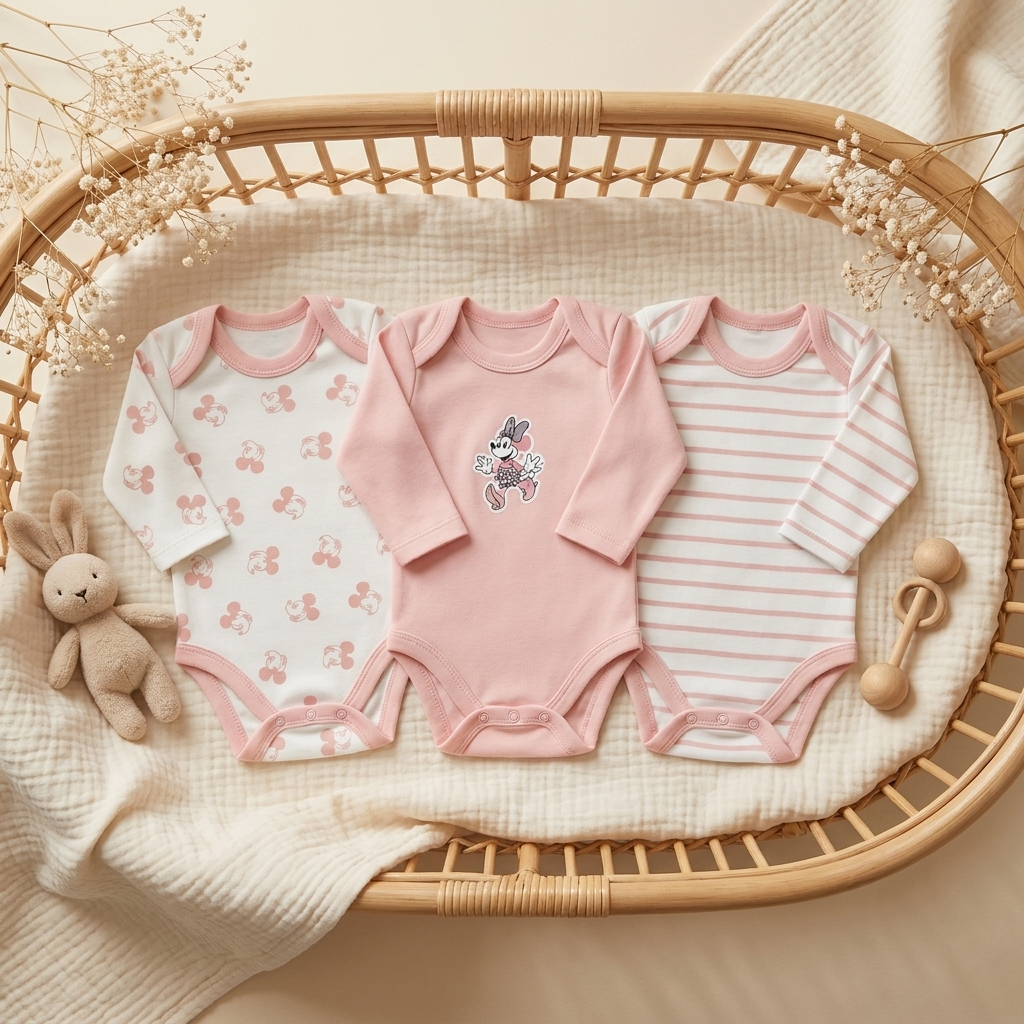 Peach and White pack of three long-sleeve baby bodysuits displayed in a wicker bassinet, featuring mouse-style prints, a central character applique and Pink trim.