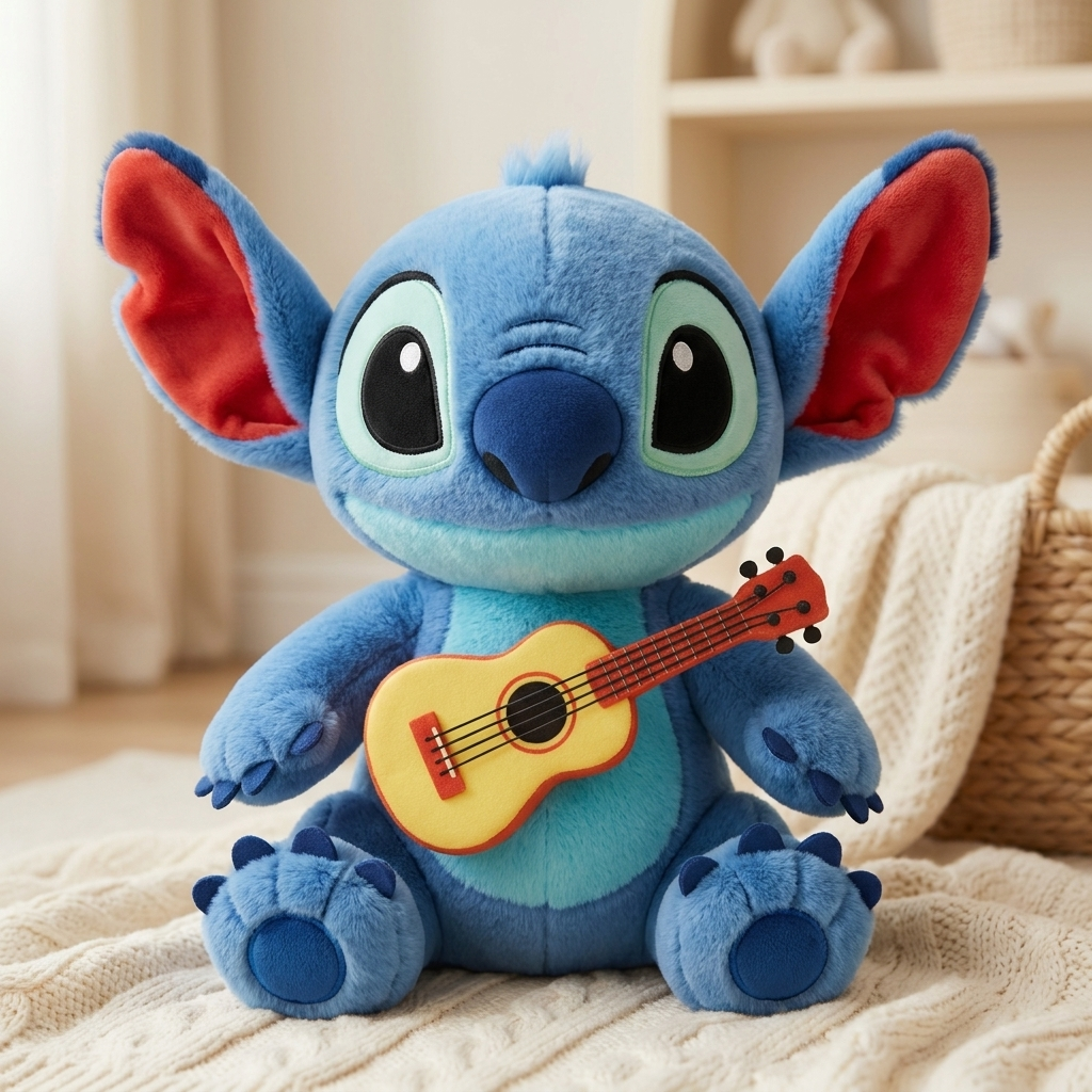 Blue Stitch soft premium toy seated on a cream knitted blanket, with oversized Pink inner ears, Light Blue tummy and a Yellow guitar detail.