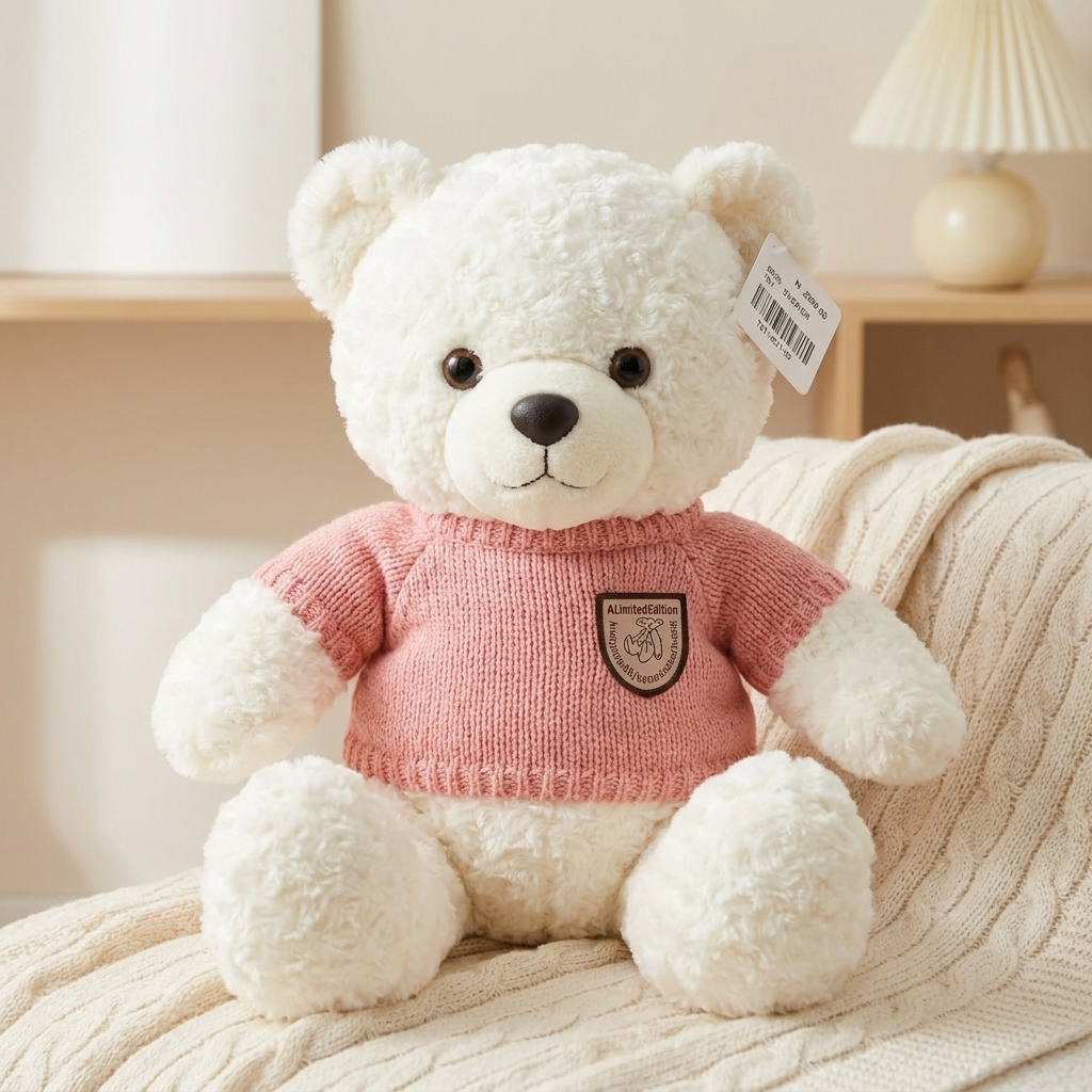 White fluffy teddy bear soft toy sitting on a cream knitted throw, wearing a dusty Pink knit-look sweater with a shield-style chest badge.