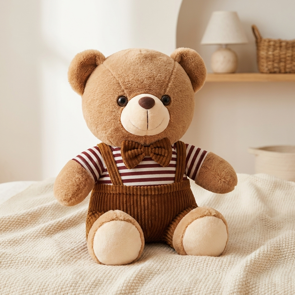 Brown premium soft teddy bear seated on a cream bedspread, wearing a Brown and White striped shirt, textured Brown overalls and matching bow tie.
