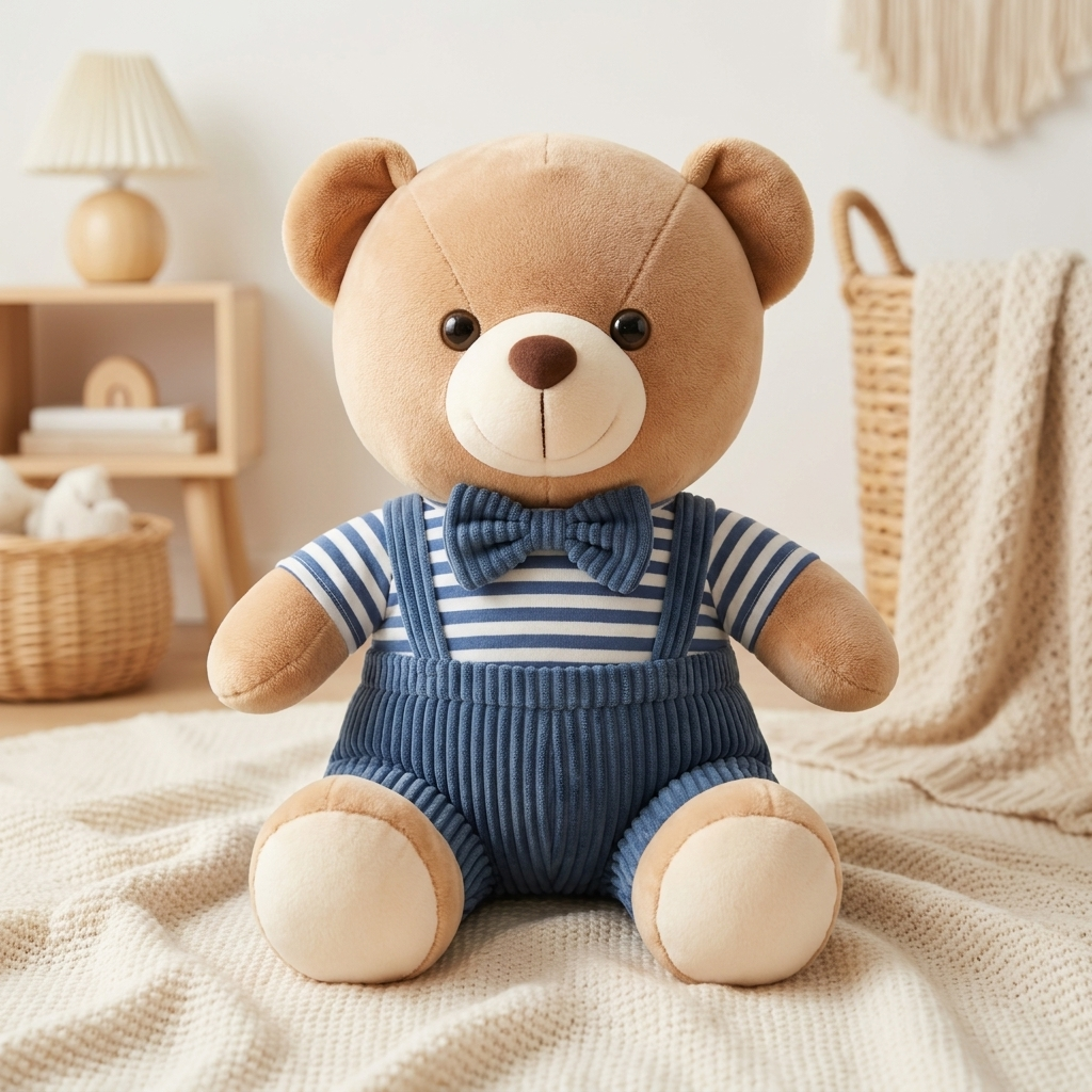 Blue premium soft teddy bear seated on a knitted cream blanket, wearing a Blue and White striped shirt, ribbed-look Blue overalls and matching bow tie.