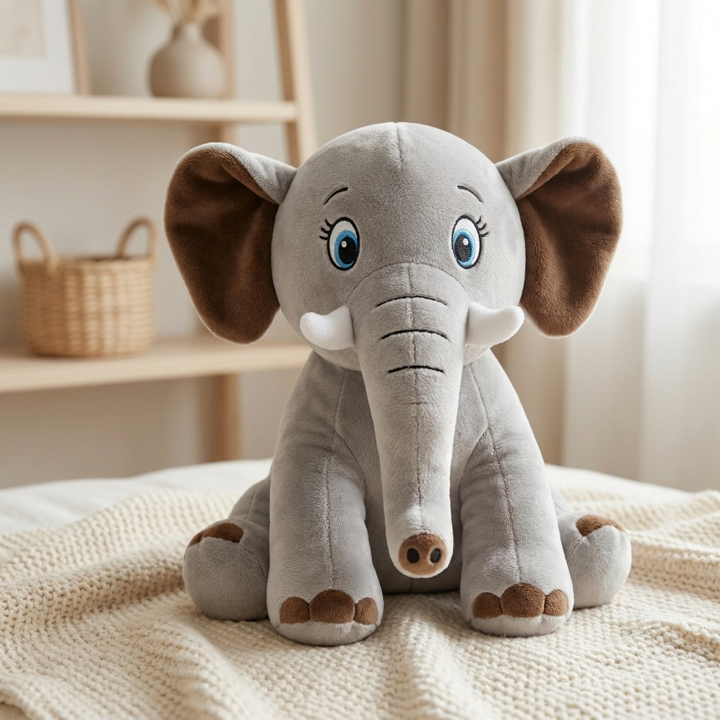 Grey premium elephant plush soft toy seated on a cream knitted blanket, featuring oversized Brown inner ears, Blue embroidered-look eyes, White tusks and a long stitched trunk.