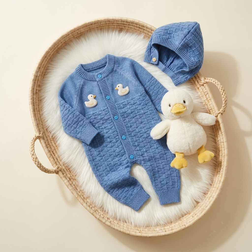 Baby Duck Applique Knit Romper & Cap 2PC Set
