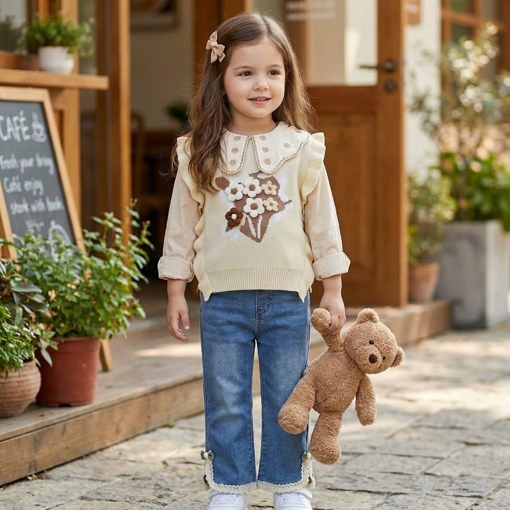 Little girl wearing the Cream flower bouquet knit sweater, scallop-collar shirt and Blue denim pants, holding a brown teddy bear outdoors.