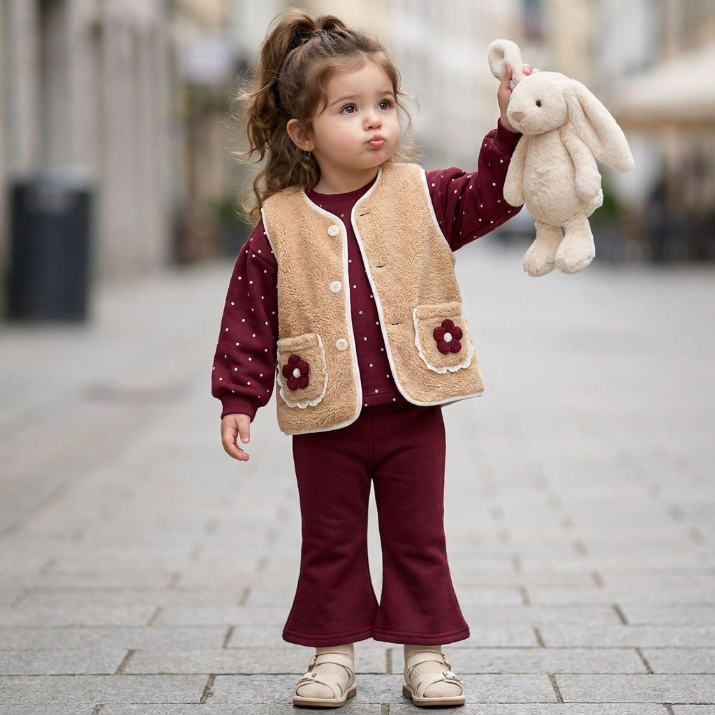 Toddler wearing a Maroon dotted sweater, Beige teddy-textured floral pocket waistcoat and matching flared trousers while holding a plush bunny outdoors.