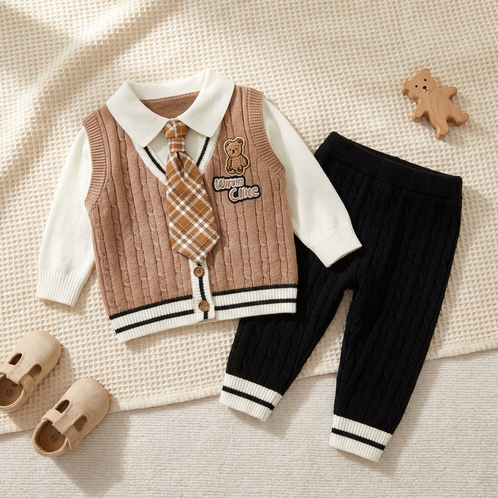 Brown cable-knit baby sweater and black textured trouser 2-piece suit laid flat, with a White collar, checked tie and teddy wording-style chest patch.