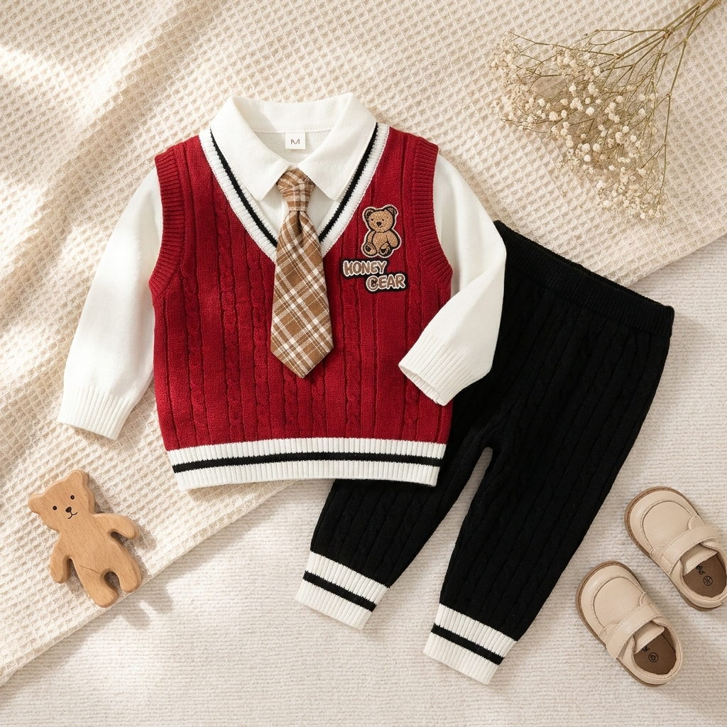 Red baby layered-look sweater and black cable-knit trouser 2-piece suit laid flat, featuring a White collar, checked tie and teddy bear chest applique.