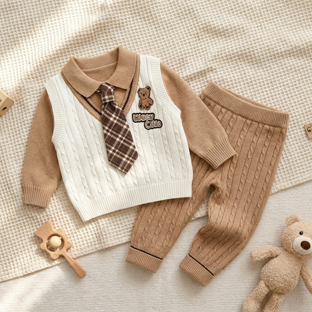 Light Brown baby cable-knit sweater and matching trousers laid flat, styled with a Cream V-neck vest panel, Brown collar, checked tie and teddy applique.