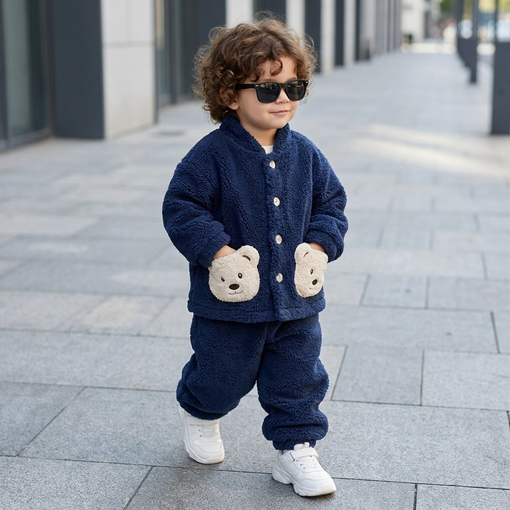 Toddler boy wearing the Navy Blue shaggy button-front jacket and matching cuffed trouser suit, with teddy bear face front details.