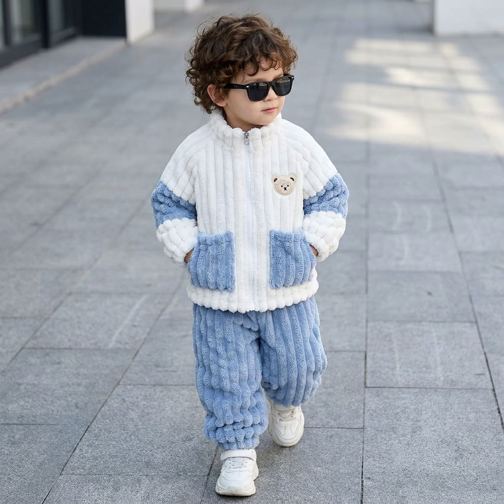 Toddler boy wearing the Blue and White shaggy 2-piece suit outdoors, featuring a teddy patch zip jacket, Blue front pockets and matching trousers.
