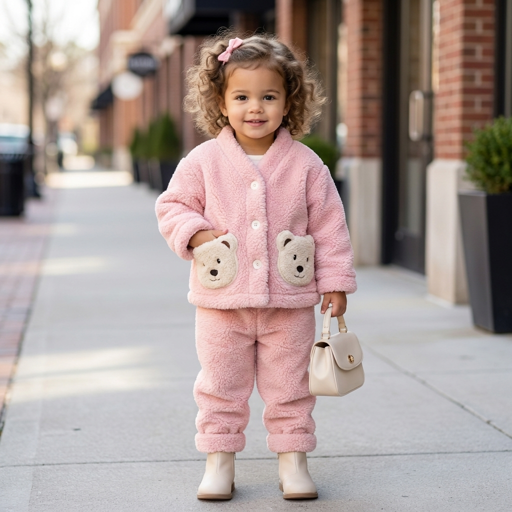 Toddler girl wearing the Pink shaggy jacket and trouser 2PC suit outdoors, featuring teddy bear face details on the jacket front.