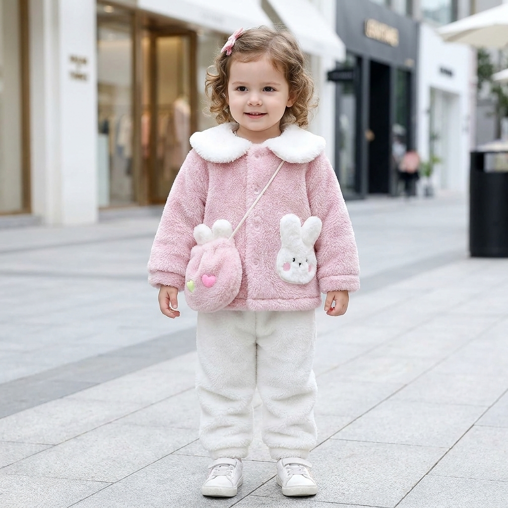 Little girl wearing the Pink shaggy jacket, Cream White cuffed trousers and bunny-shaped crossbody bag, featuring bunny-face pockets and a fluffy White rounded collar.