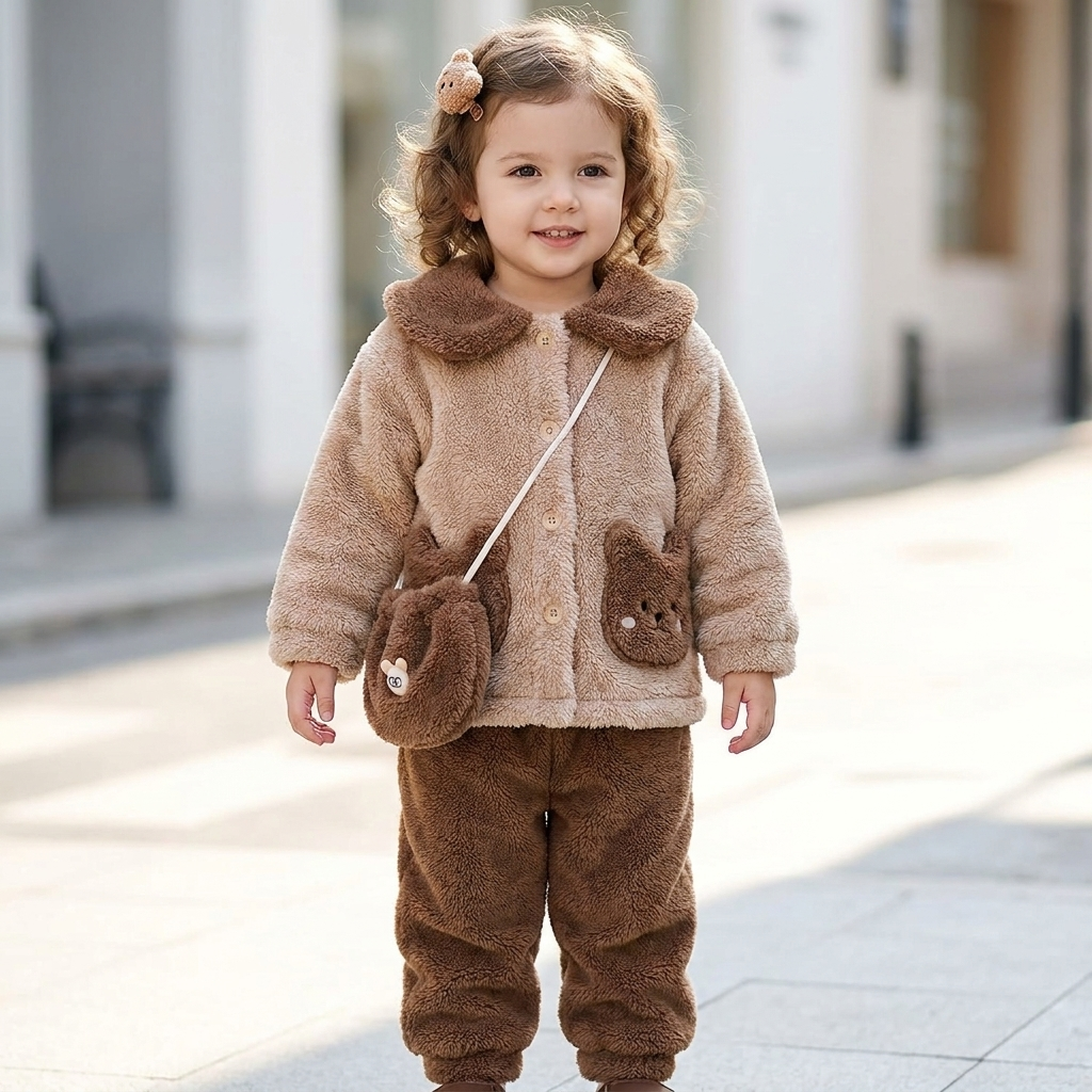 Little girl wearing the Brown shaggy jacket, Dark Brown cuffed trousers and bear-shaped crossbody bag, with bear-face front pockets and a rounded Dark Brown collar.