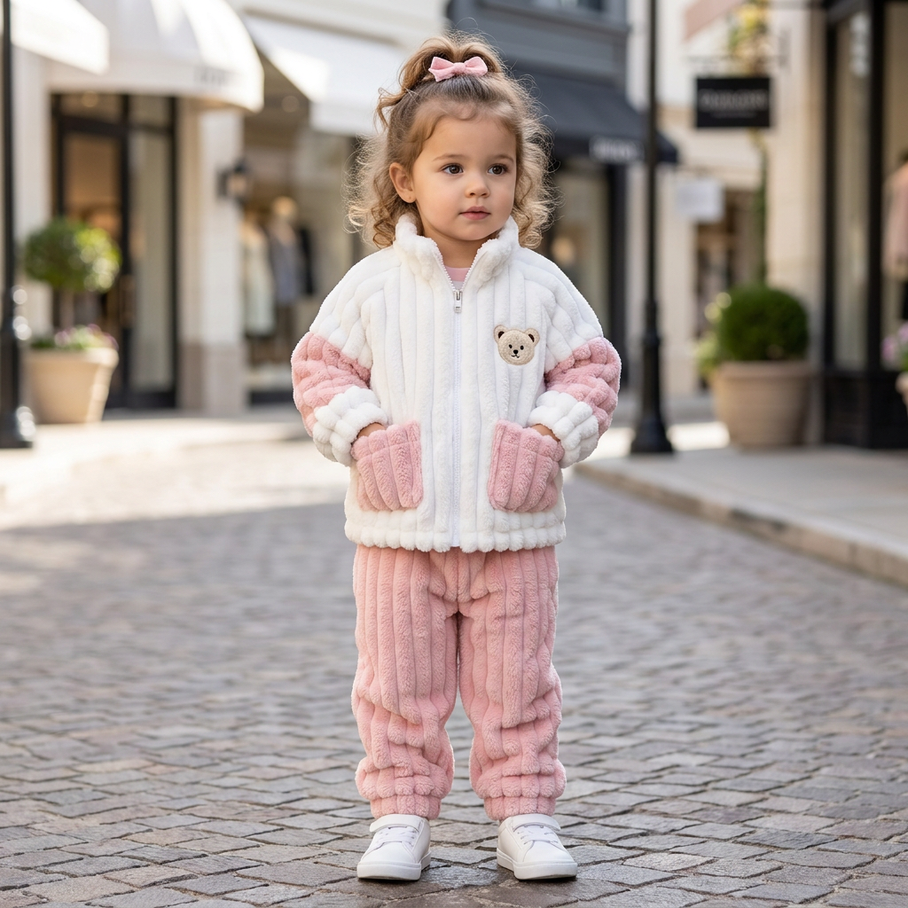 Toddler girl wearing the Pink and White shaggy 2-piece suit outdoors, featuring a teddy chest patch, zip-front jacket and textured Pink trousers.