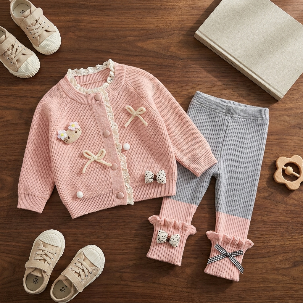 Pink knit-look cardigan and Grey ribbed trouser 2-piece girls sweater suit, displayed flat with lace-look front trim, kitty applique and bow-decorated frilled ankles.